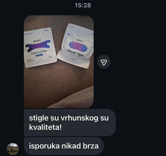 Poruka kupca sa slikom trakica i Mouth Tape-a: stigle su, vrhunskog su kvaliteta, isporuka nikad brža